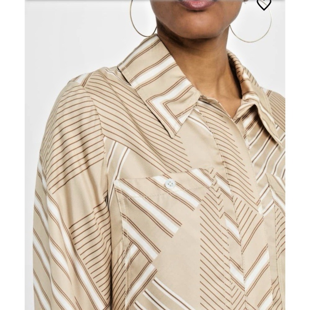 Veronica Beard Size 12 Pryce Striped Mini Shirtdress Silk Blend Stone Khaki Mult - Picture 2 of 15